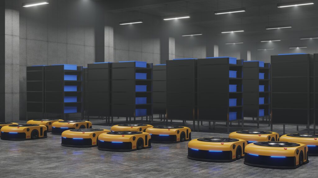 Warehouse in logistic center with Automated guided vehicle Is a delivery vehicle.
